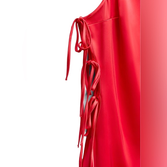 Zara New Womens Red Tied Satin Effect Midi Dress XS Open Back Slit, Lining, Zip - Picture 7 of 8